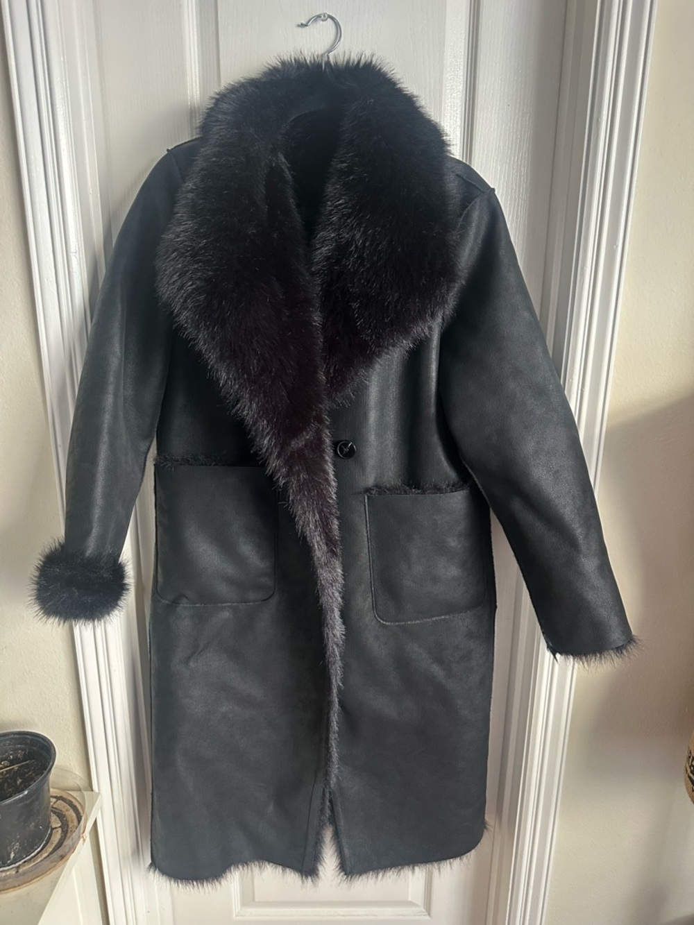 Zara Black Faux-Shearling Long Coat with Fur Trim